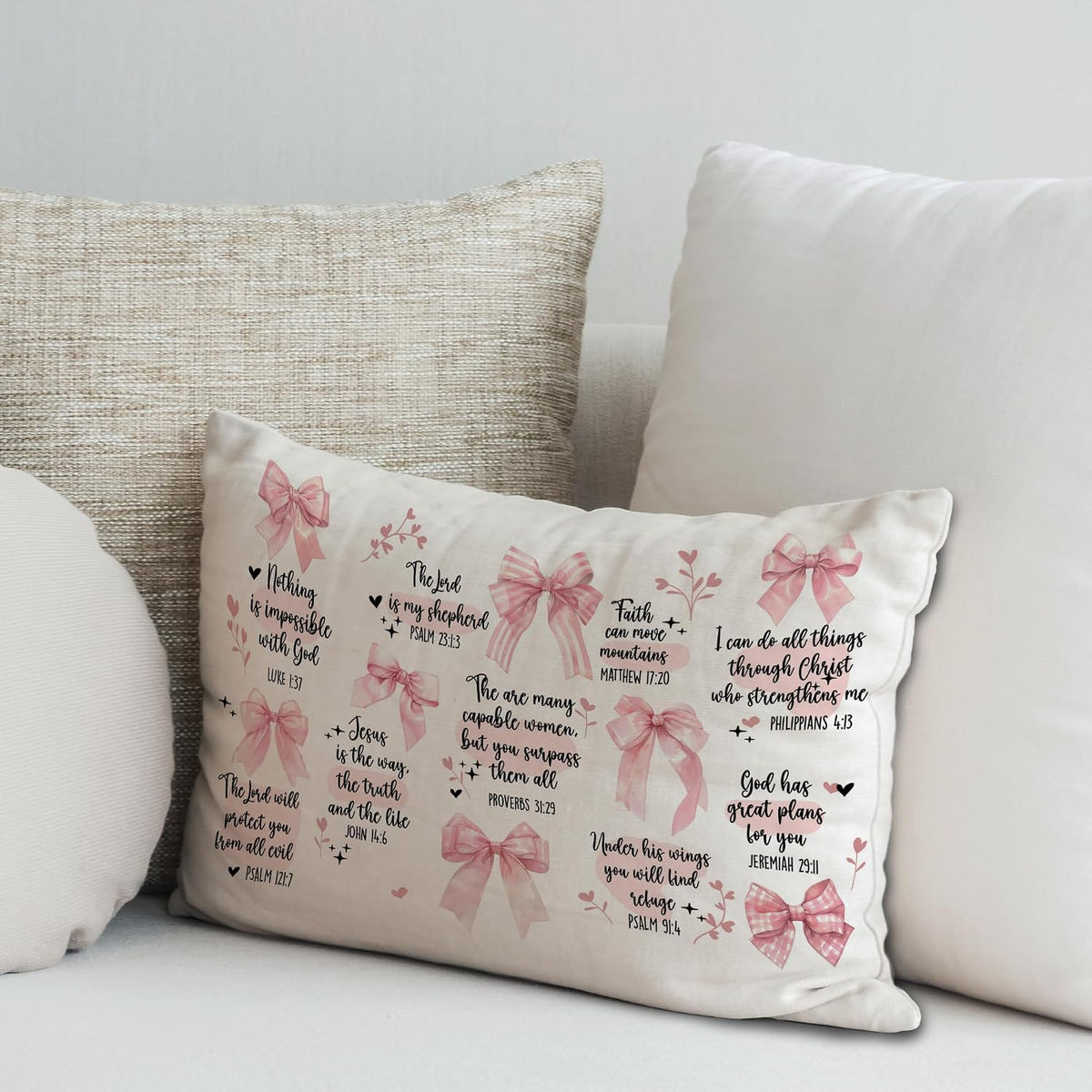 Pink Coquette Bow Christian Pillow Covers, Bible Gifts for Women, Coquette Preppy Room Decor, Christian Pillow, Bible Verse Decor, Bible Pillow Cover 12x20 Inch