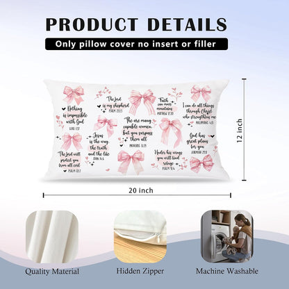 Pink Coquette Bow Christian Pillow Covers, Bible Gifts for Women, Coquette Preppy Room Decor, Christian Pillow, Bible Verse Decor, Bible Pillow Cover 12x20 Inch