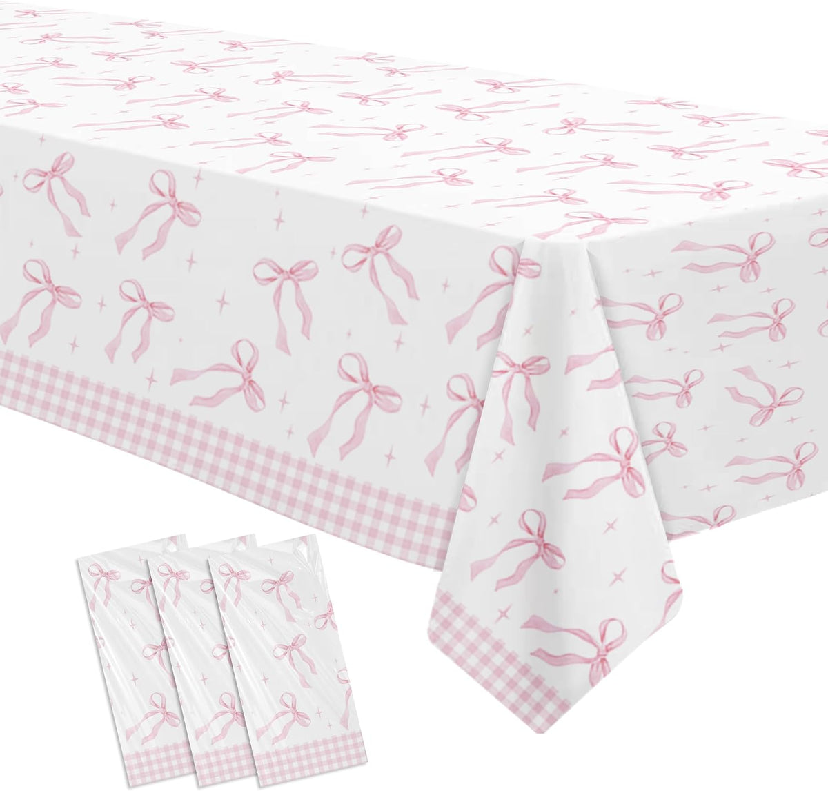 Pink Bow Party Decorations Tablecloth Girl, 3 Pack, 86in x 55in