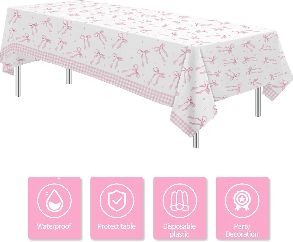 Pink Bow Party Decorations Tablecloth Girl, 3 Pack, 86in x 55in