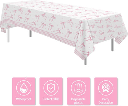 Pink Bow Party Decorations Tablecloth Girl, 3 Pack, 86in x 55in