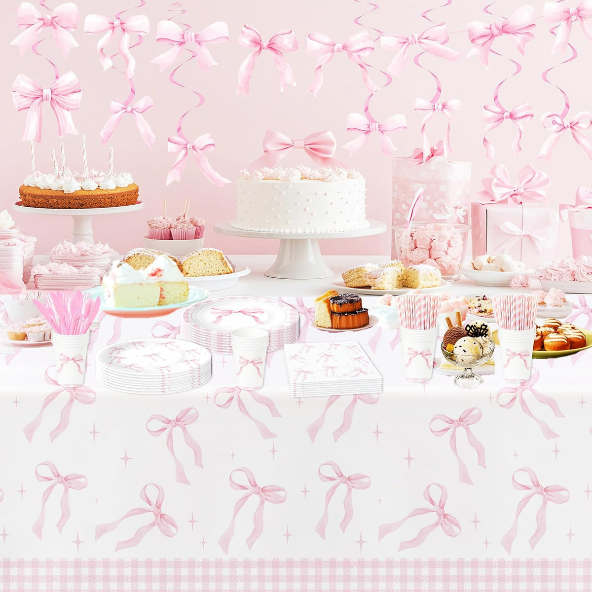 Pink Bow Party Decorations Tablecloth Girl, 3 Pack, 86in x 55in