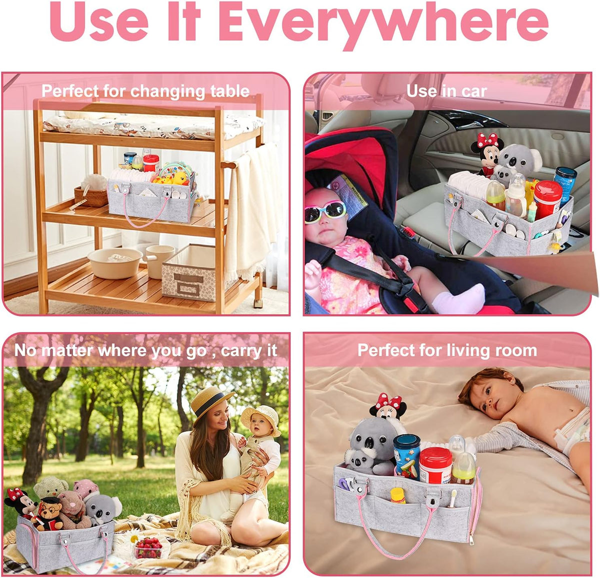 Large Felt Baby Diaper Caddy Organizer with Handles for Girls, Pink