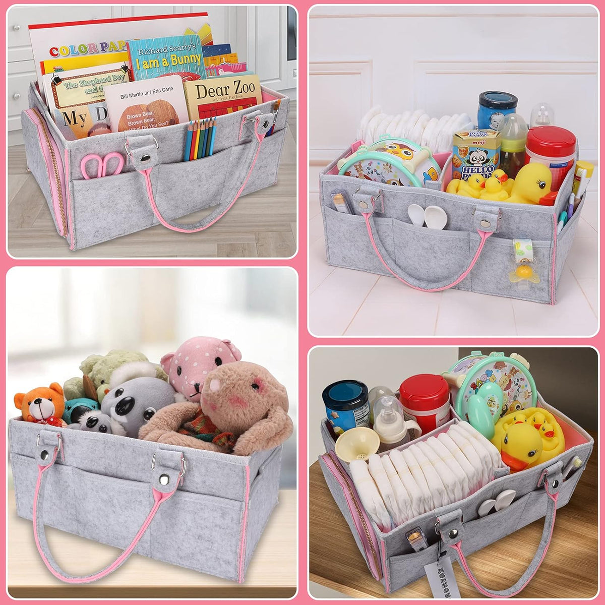 Large Felt Baby Diaper Caddy Organizer with Handles for Girls, Pink