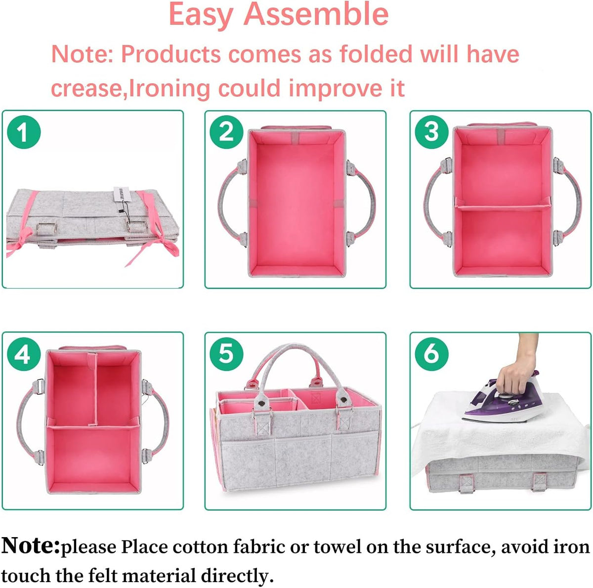 Large Felt Baby Diaper Caddy Organizer with Handles for Girls, Pink