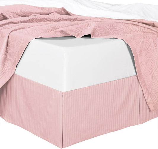 300tc Cotton Stripes Pleated Tailored Bed Skirt with 15 Inches Drop and Split Corners (King, Blush)