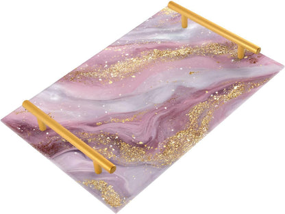 Beautiful Golden Pink Marble Bathroom Perfume Vanity Tray Acrylic Serving Tray with Handles Decorative Party Platters for Coffee Tea Table Kitchen Countertop