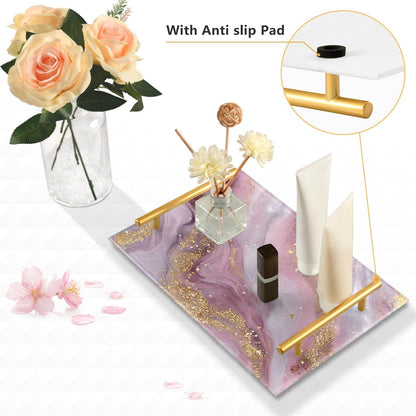 Beautiful Golden Pink Marble Bathroom Perfume Vanity Tray Acrylic Serving Tray with Handles Decorative Party Platters for Coffee Tea Table Kitchen Countertop