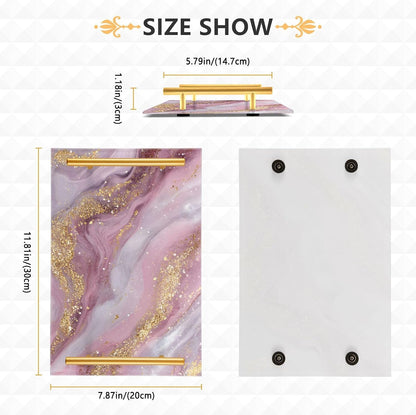 Beautiful Golden Pink Marble Bathroom Perfume Vanity Tray Acrylic Serving Tray with Handles Decorative Party Platters for Coffee Tea Table Kitchen Countertop
