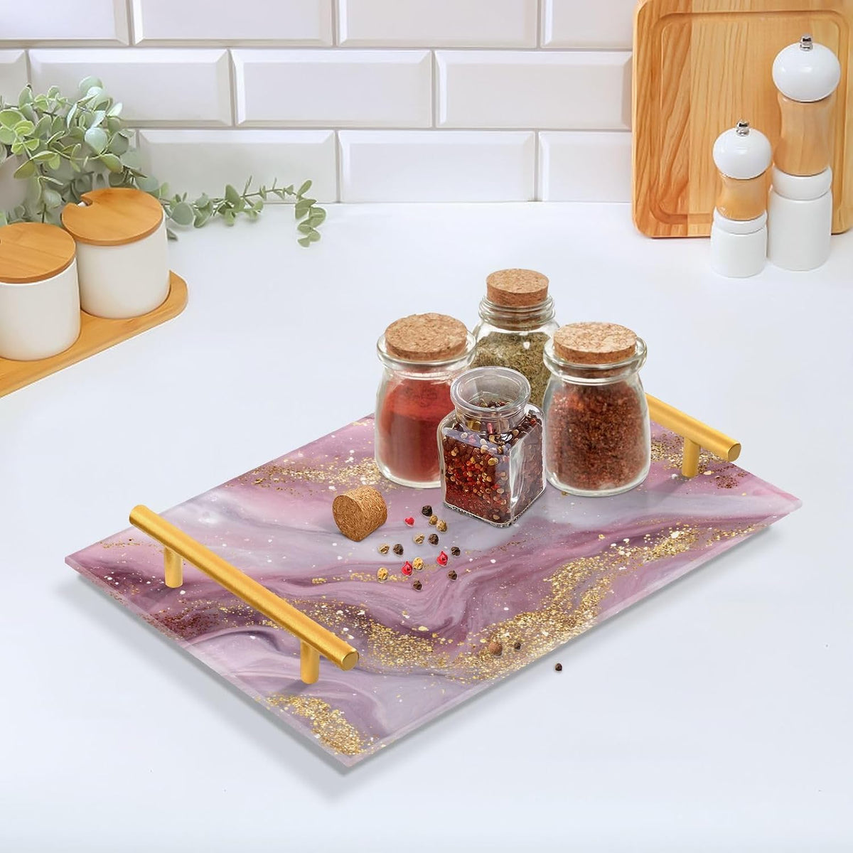Beautiful Golden Pink Marble Bathroom Perfume Vanity Tray Acrylic Serving Tray with Handles Decorative Party Platters for Coffee Tea Table Kitchen Countertop