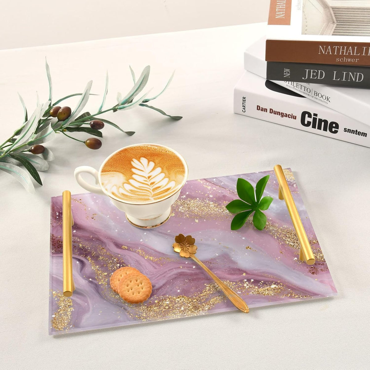 Beautiful Golden Pink Marble Bathroom Perfume Vanity Tray Acrylic Serving Tray with Handles Decorative Party Platters for Coffee Tea Table Kitchen Countertop