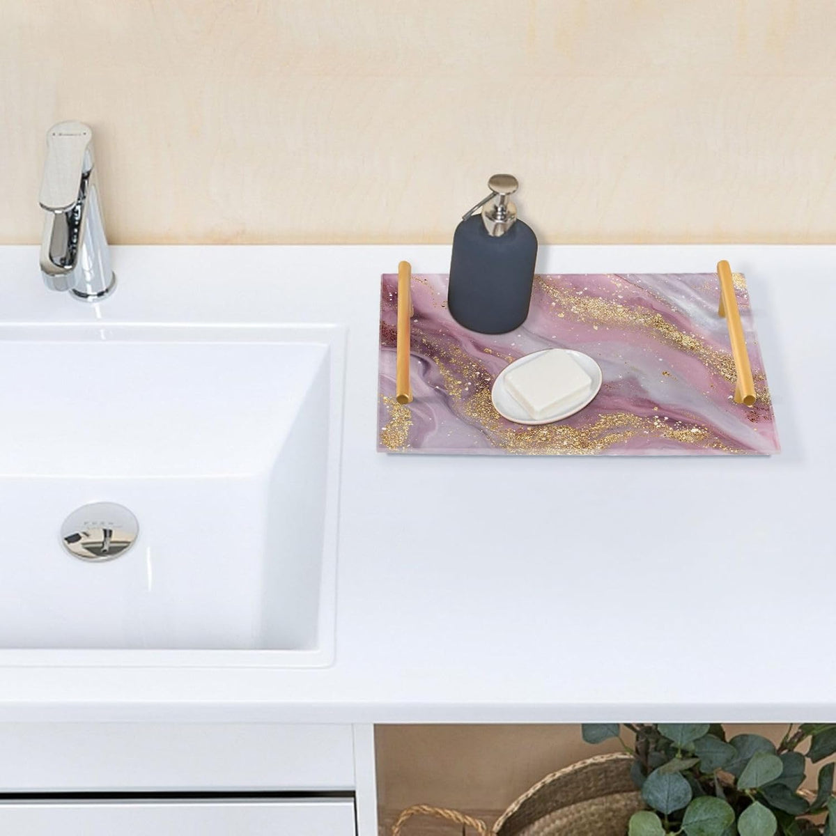 Beautiful Golden Pink Marble Bathroom Perfume Vanity Tray Acrylic Serving Tray with Handles Decorative Party Platters for Coffee Tea Table Kitchen Countertop