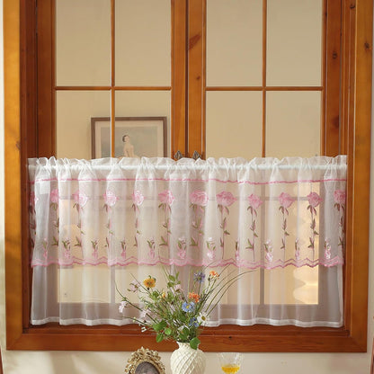2 Panels Pink Rose Sheer Valances for Windows Double-Layered Lace Floral Embroidered Kitchen Curtains Over Sink Cafe Curtain, Window Short Small Drapes(Pink,55"x18")