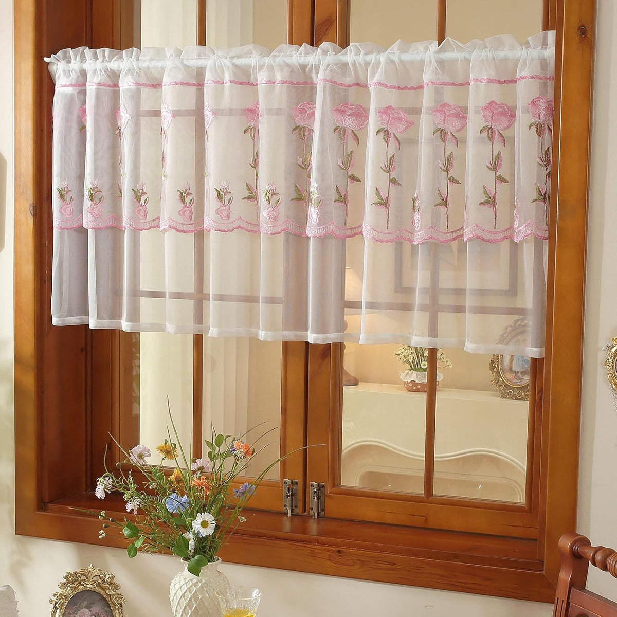 2 Panels Pink Rose Sheer Valances for Windows Double-Layered Lace Floral Embroidered Kitchen Curtains Over Sink Cafe Curtain, Window Short Small Drapes(Pink,55"x18")