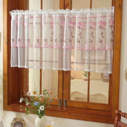 2 Panels Pink Rose Sheer Valances for Windows Double-Layered Lace Floral Embroidered Kitchen Curtains Over Sink Cafe Curtain, Window Short Small Drapes(Pink,55"x18")