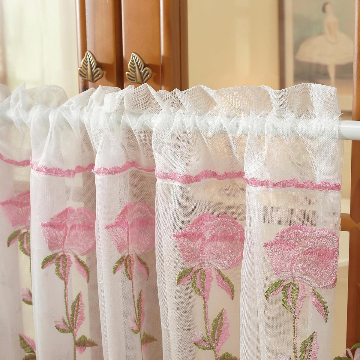 2 Panels Pink Rose Sheer Valances for Windows Double-Layered Lace Floral Embroidered Kitchen Curtains Over Sink Cafe Curtain, Window Short Small Drapes(Pink,55"x18")