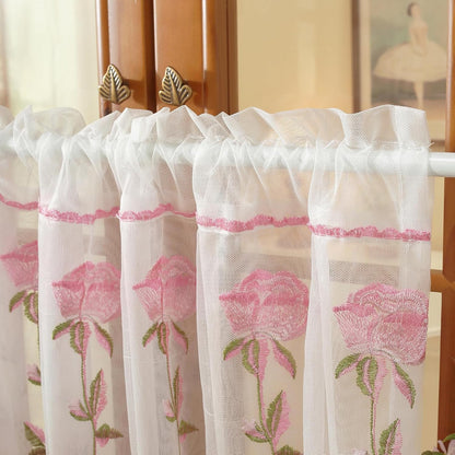 2 Panels Pink Rose Sheer Valances for Windows Double-Layered Lace Floral Embroidered Kitchen Curtains Over Sink Cafe Curtain, Window Short Small Drapes(Pink,55"x18")