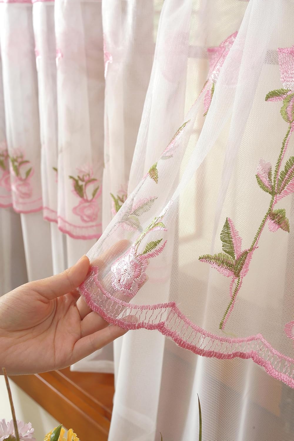 2 Panels Pink Rose Sheer Valances for Windows Double-Layered Lace Floral Embroidered Kitchen Curtains Over Sink Cafe Curtain, Window Short Small Drapes(Pink,55"x18")
