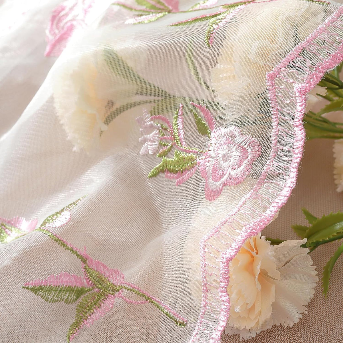 2 Panels Pink Rose Sheer Valances for Windows Double-Layered Lace Floral Embroidered Kitchen Curtains Over Sink Cafe Curtain, Window Short Small Drapes(Pink,55"x18")