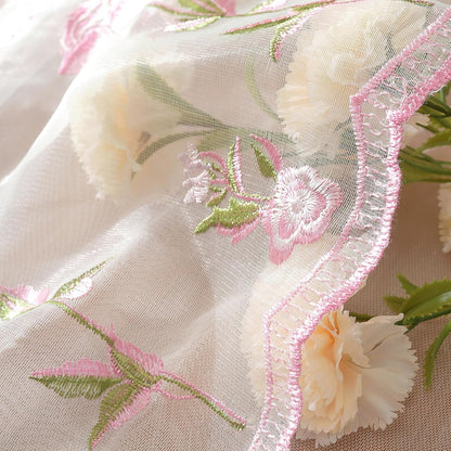2 Panels Pink Rose Sheer Valances for Windows Double-Layered Lace Floral Embroidered Kitchen Curtains Over Sink Cafe Curtain, Window Short Small Drapes(Pink,55"x18")