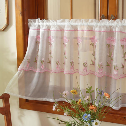 2 Panels Pink Rose Sheer Valances for Windows Double-Layered Lace Floral Embroidered Kitchen Curtains Over Sink Cafe Curtain, Window Short Small Drapes(Pink,55"x18")
