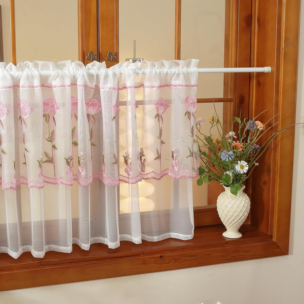 2 Panels Pink Rose Sheer Valances for Windows Double-Layered Lace Floral Embroidered Kitchen Curtains Over Sink Cafe Curtain, Window Short Small Drapes(Pink,55"x18")