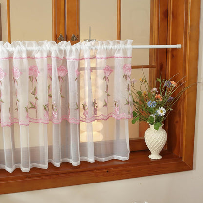 2 Panels Pink Rose Sheer Valances for Windows Double-Layered Lace Floral Embroidered Kitchen Curtains Over Sink Cafe Curtain, Window Short Small Drapes(Pink,55"x18")