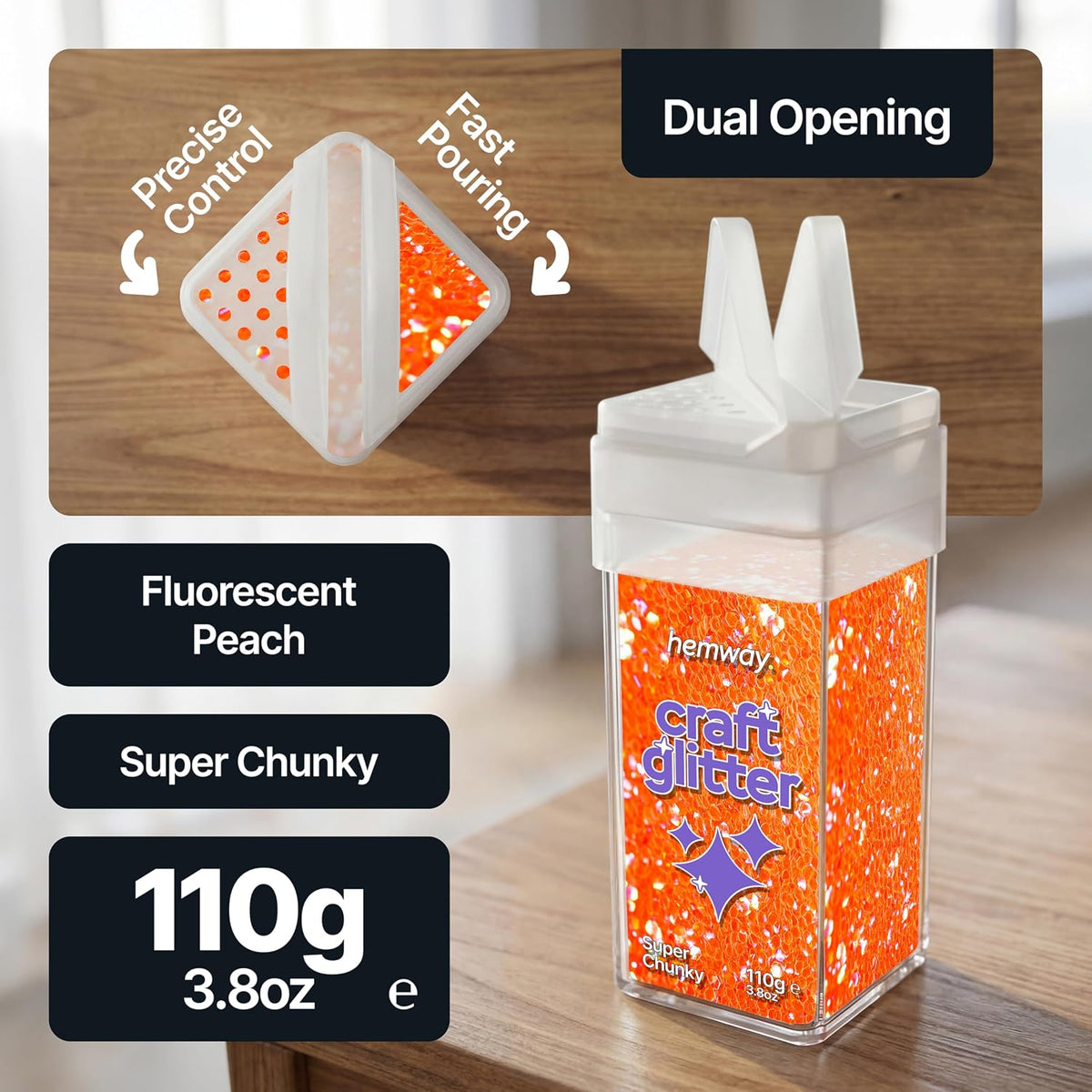 Craft Glitter Shaker Fluorescent Peach 110g Super Chunky