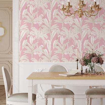 17.7"x393" Pink Palm Tree Wallpaper Tropical Jungle Palm Leaf Peel and Stick Wallpaper Pink and White Floral Contact Paper Waterproof Renter Friendly Wall Paper for Bathroom Girls Room Shelf