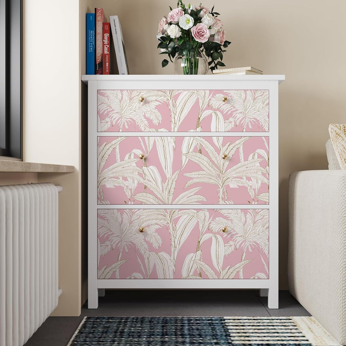 17.7"x393" Pink Palm Tree Wallpaper Tropical Jungle Palm Leaf Peel and Stick Wallpaper Pink and White Floral Contact Paper Waterproof Renter Friendly Wall Paper for Bathroom Girls Room Shelf