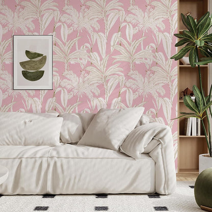 17.7"x393" Pink Palm Tree Wallpaper Tropical Jungle Palm Leaf Peel and Stick Wallpaper Pink and White Floral Contact Paper Waterproof Renter Friendly Wall Paper for Bathroom Girls Room Shelf