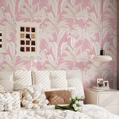 17.7"x393" Pink Palm Tree Wallpaper Tropical Jungle Palm Leaf Peel and Stick Wallpaper Pink and White Floral Contact Paper Waterproof Renter Friendly Wall Paper for Bathroom Girls Room Shelf