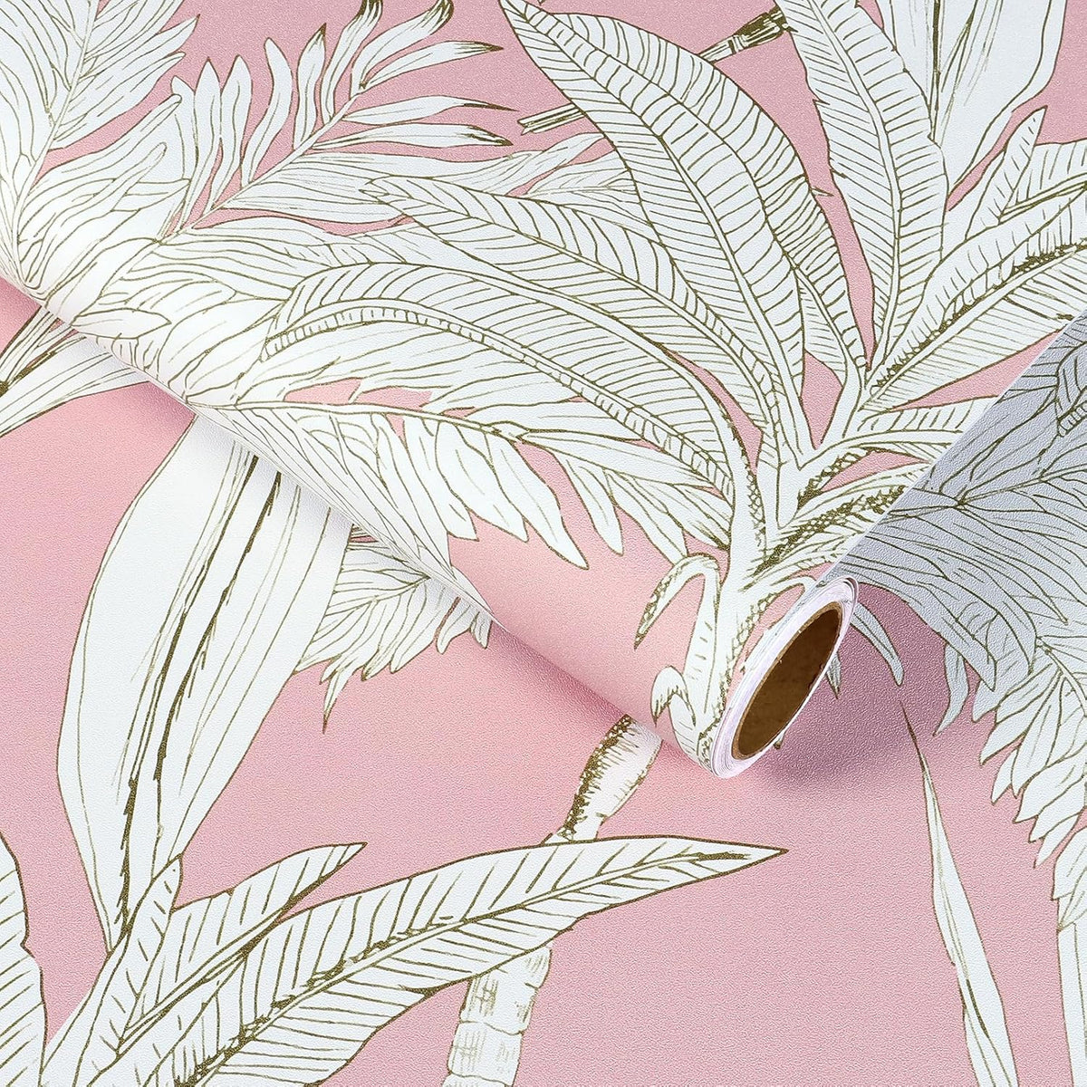 17.7"x393" Pink Palm Tree Wallpaper Tropical Jungle Palm Leaf Peel and Stick Wallpaper Pink and White Floral Contact Paper Waterproof Renter Friendly Wall Paper for Bathroom Girls Room Shelf
