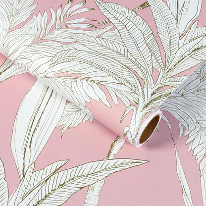 17.7"x393" Pink Palm Tree Wallpaper Tropical Jungle Palm Leaf Peel and Stick Wallpaper Pink and White Floral Contact Paper Waterproof Renter Friendly Wall Paper for Bathroom Girls Room Shelf