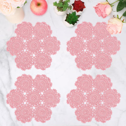 Crochet Cotton Lace Table Placemats Doilies Pack, 4pc, Blossoms, 10 inch (Pink)