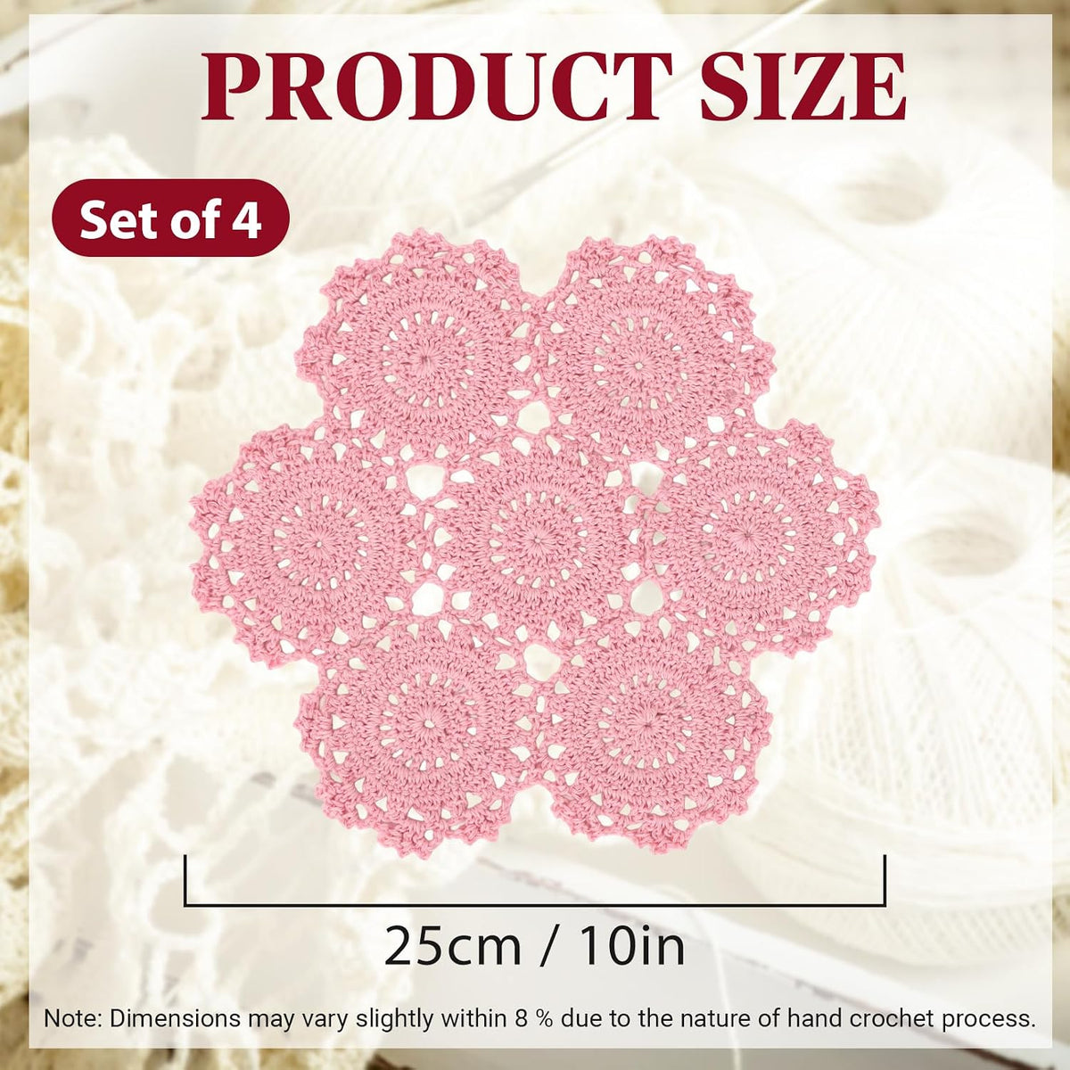 Crochet Cotton Lace Table Placemats Doilies Pack, 4pc, Blossoms, 10 inch (Pink)