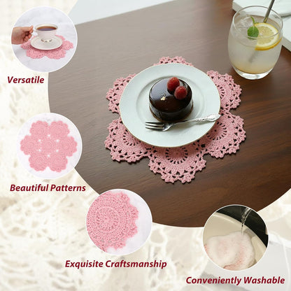Crochet Cotton Lace Table Placemats Doilies Pack, 4pc, Blossoms, 10 inch (Pink)