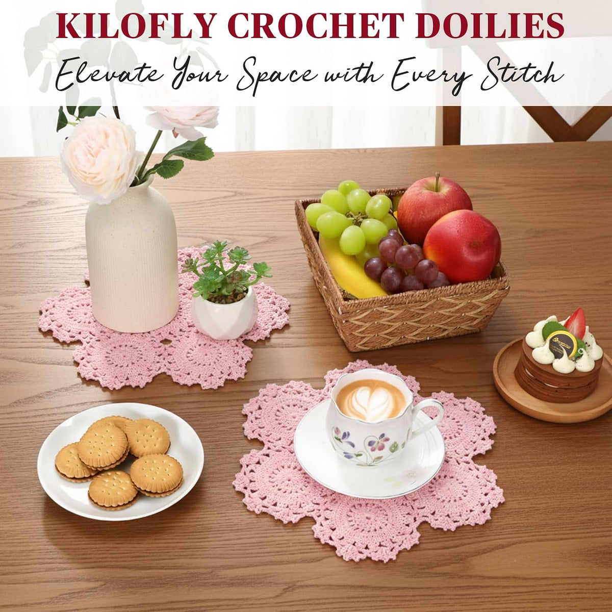 Crochet Cotton Lace Table Placemats Doilies Pack, 4pc, Blossoms, 10 inch (Pink)