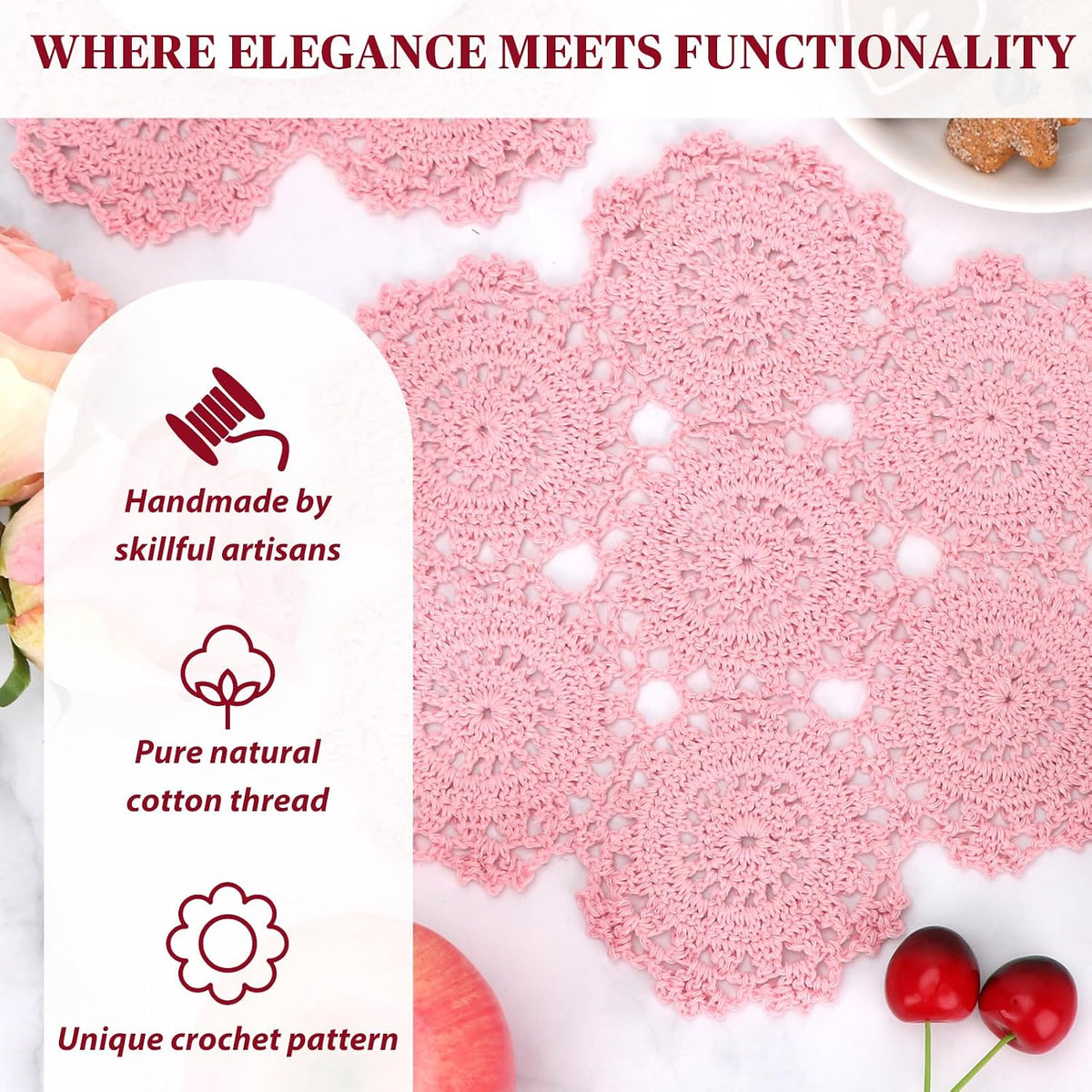 Crochet Cotton Lace Table Placemats Doilies Pack, 4pc, Blossoms, 10 inch (Pink)