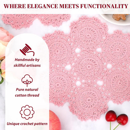 Crochet Cotton Lace Table Placemats Doilies Pack, 4pc, Blossoms, 10 inch (Pink)