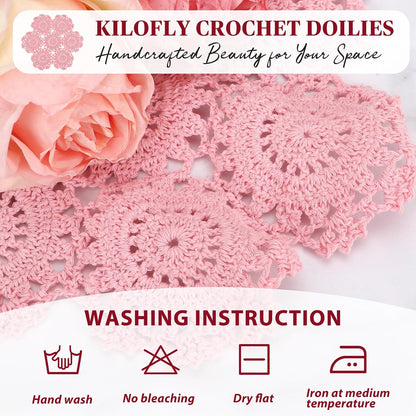 Crochet Cotton Lace Table Placemats Doilies Pack, 4pc, Blossoms, 10 inch (Pink)