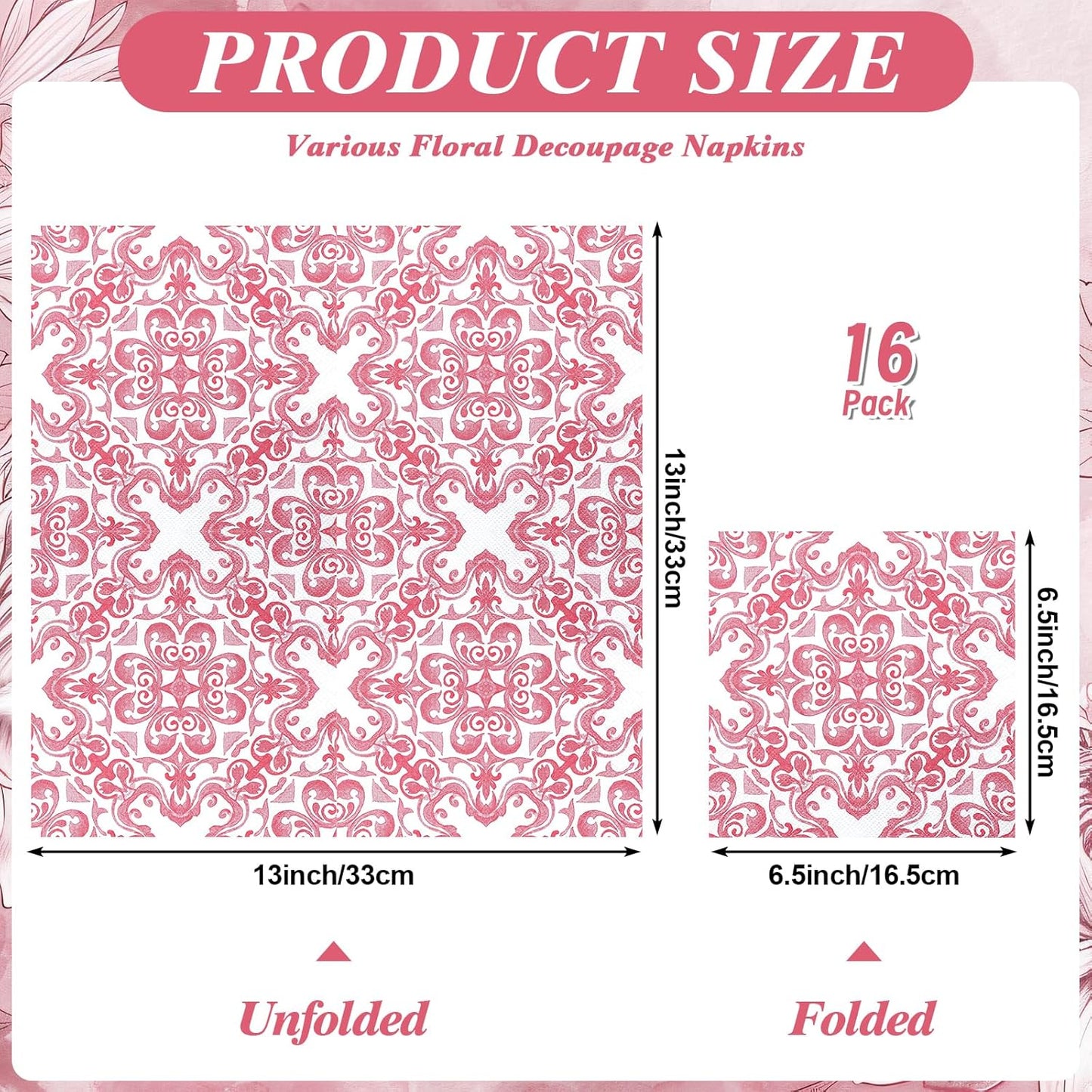 16 Pcs 8 Styles Decoupage Napkins, Pink and White Floral Paper Napkins Chinoiserie Decorative Cocktail Napkin Pretty Printed Cocktail Paper for DIY Crafting Furniture Decor Birthday Party Baby Shower