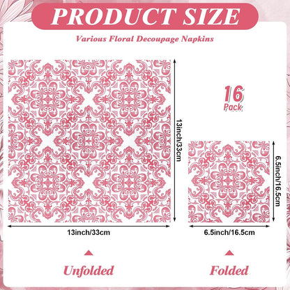 16 Pcs 8 Styles Decoupage Napkins, Pink and White Floral Paper Napkins Chinoiserie Decorative Cocktail Napkin Pretty Printed Cocktail Paper for DIY Crafting Furniture Decor Birthday Party Baby Shower