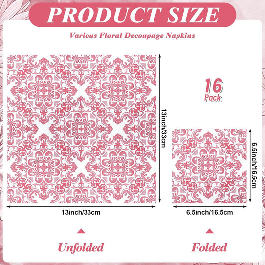 16 Pcs 8 Styles Decoupage Napkins, Pink and White Floral Paper Napkins Chinoiserie Decorative Cocktail Napkin Pretty Printed Cocktail Paper for DIY Crafting Furniture Decor Birthday Party Baby Shower