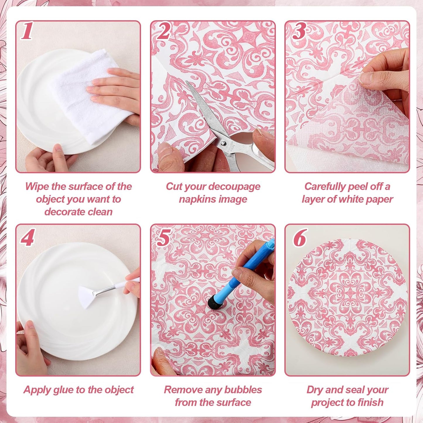 16 Pcs 8 Styles Decoupage Napkins, Pink and White Floral Paper Napkins Chinoiserie Decorative Cocktail Napkin Pretty Printed Cocktail Paper for DIY Crafting Furniture Decor Birthday Party Baby Shower