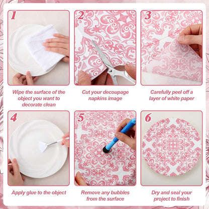 16 Pcs 8 Styles Decoupage Napkins, Pink and White Floral Paper Napkins Chinoiserie Decorative Cocktail Napkin Pretty Printed Cocktail Paper for DIY Crafting Furniture Decor Birthday Party Baby Shower