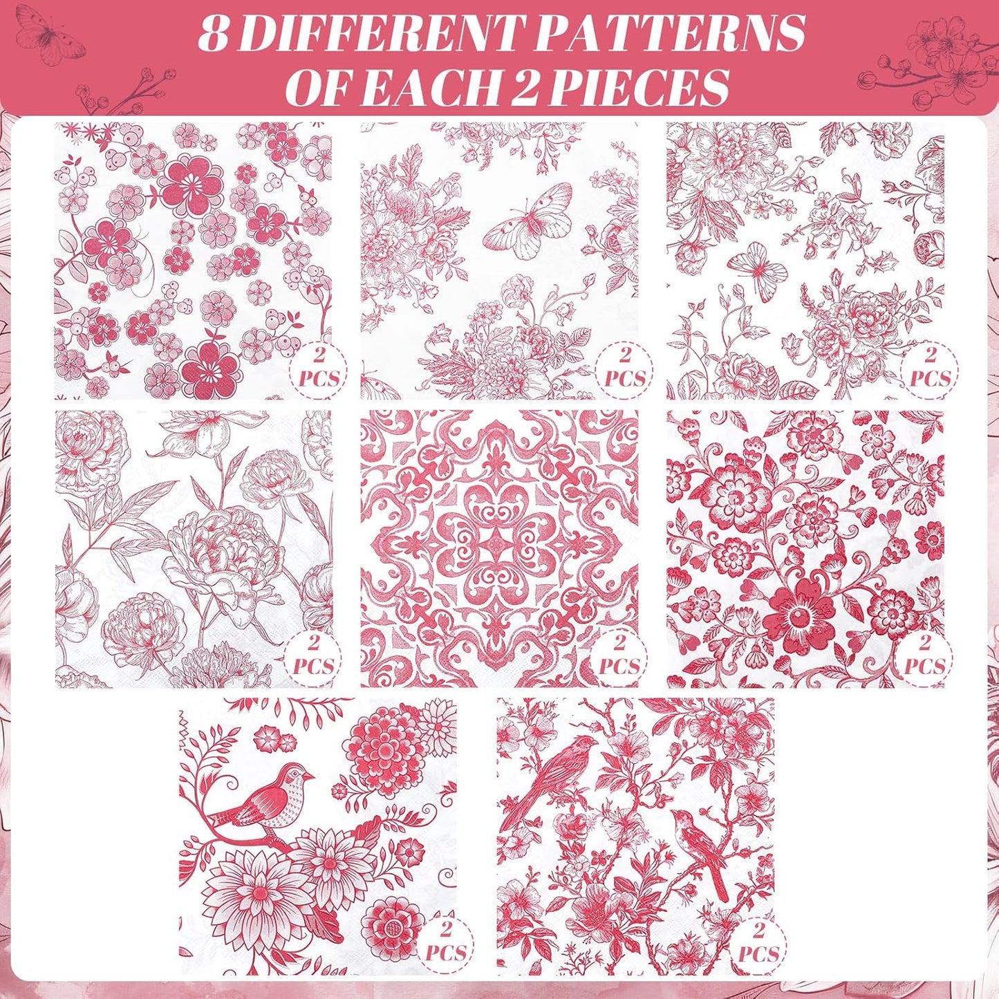 16 Pcs 8 Styles Decoupage Napkins, Pink and White Floral Paper Napkins Chinoiserie Decorative Cocktail Napkin Pretty Printed Cocktail Paper for DIY Crafting Furniture Decor Birthday Party Baby Shower