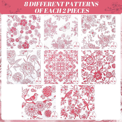 16 Pcs 8 Styles Decoupage Napkins, Pink and White Floral Paper Napkins Chinoiserie Decorative Cocktail Napkin Pretty Printed Cocktail Paper for DIY Crafting Furniture Decor Birthday Party Baby Shower