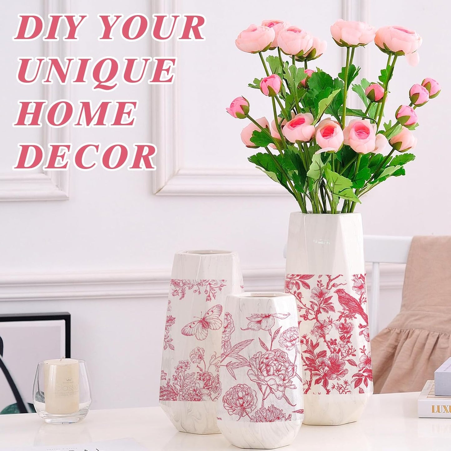 16 Pcs 8 Styles Decoupage Napkins, Pink and White Floral Paper Napkins Chinoiserie Decorative Cocktail Napkin Pretty Printed Cocktail Paper for DIY Crafting Furniture Decor Birthday Party Baby Shower