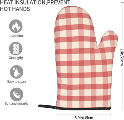 Retro Pink Gingham Print Oven Mitts for Women, Cute Kitchen aid Oven Mitts Heat Resistant with Cotton Lining